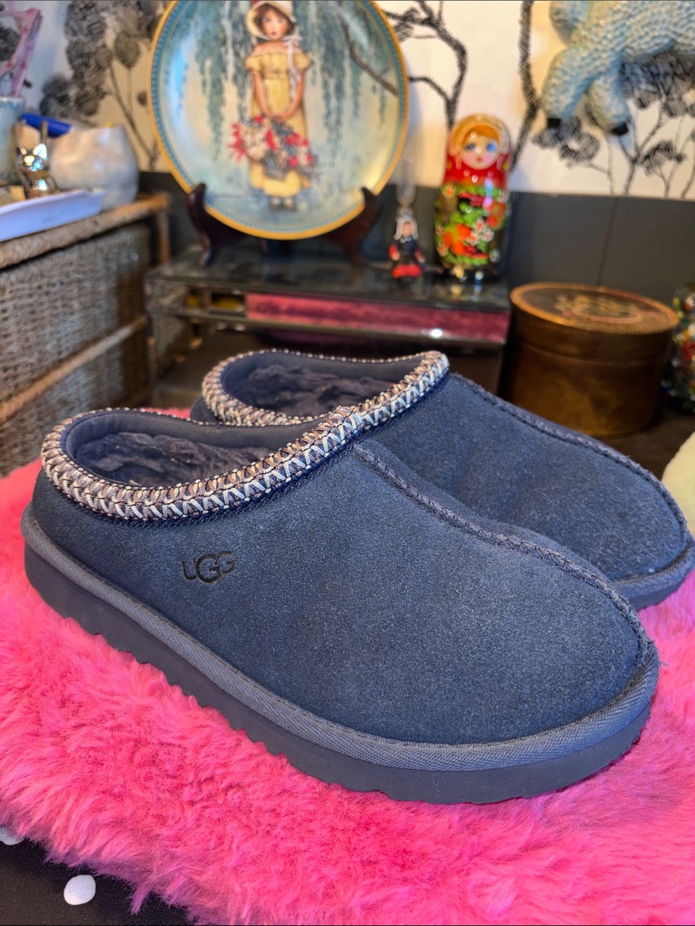 UGG Tasman slippers in Blue. These slip-on shoes feature a soft suede upper